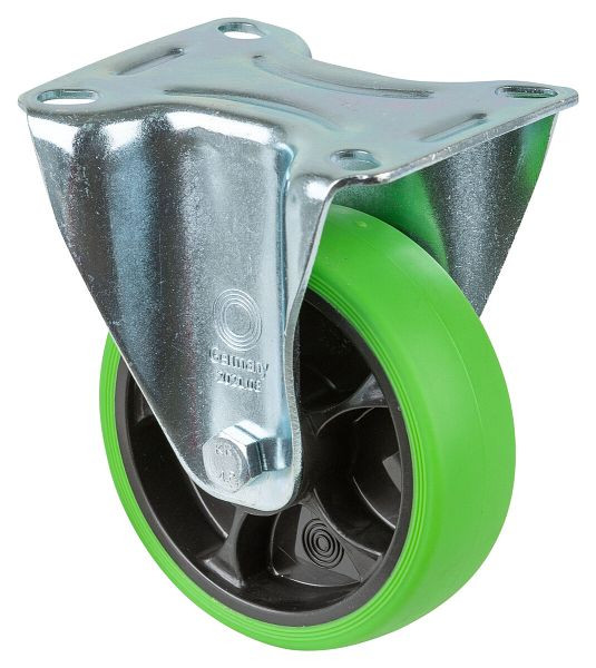 Rouleaux de transport à rouleaux fixes, roue en caoutchouc thermoplastique, pneu vert, roulement à rouleaux, plaque, diamètre : 100 mm, paquet : 4 pièces, L410.B44.101.04
