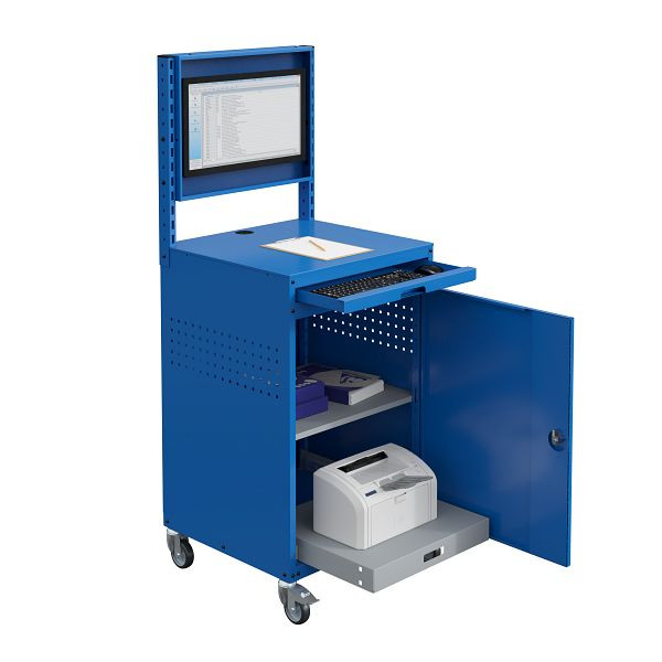 Meuble informatique SOFAME MODULINFO 695 x 660 x 1005 avec caisson moniteur inclinable et tablette coulissante sur roulettes, bleu ciel RAL 5015, W040010030BIGC