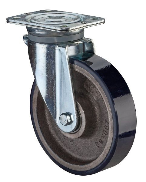 Roues BS Roulette robuste, largeur de roue 50 mm, Ø roue 250 mm, capacité de charge 600 kg, polyuréthane coulé 78 Shore A, corps de roue en fonte, roulement à billes, N100.C11.251