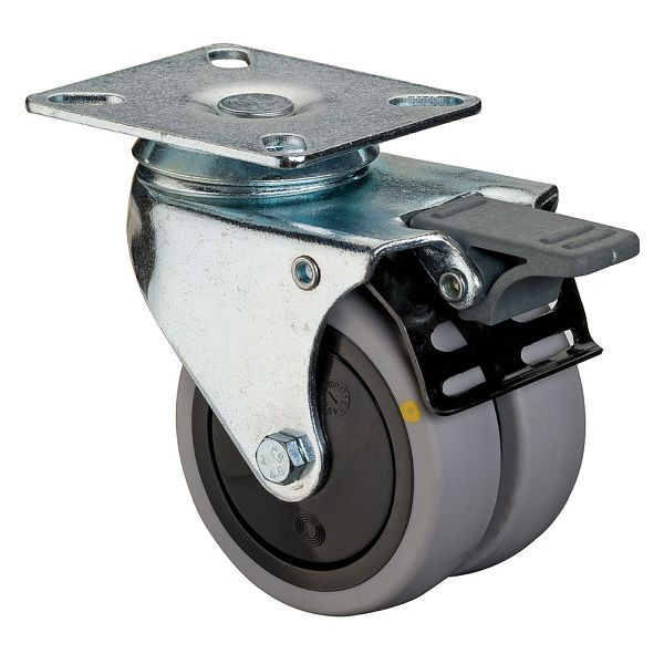 Rouleaux BS Appareil double rouleau avec frein, largeur 2x24 mm, Ø75 mm, 80 kg, caoutchouc gris, conducteur d'électricité, roulement à billes, lot de 2, B120.A89.075