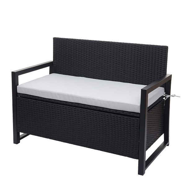 Banc 2 places en poly-rotin Mendler HWC-F39, banc de jardin, banc de coffre, compartiment de rangement, coussin de siège, anthracite, coussin gris, 76084