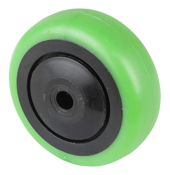 Roue en caoutchouc BS Wheels, jante noire, bande de roulement verte, roulement à billes, diamètre de roue 75 mm, lot de 8, A85.076.F004
