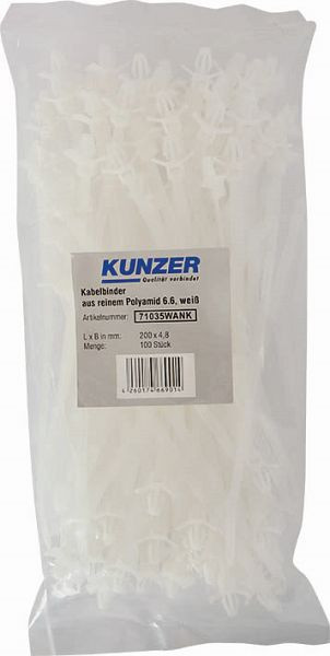 Colliers de serrage Kunzer 200 x 4,8 blancs (100 pièces) avec ancrage, 71035WANK