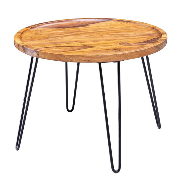 Table basse Wohnling en bois massif Sheesham 60x45x60 cm, ronde, avec pieds en épingle à cheveux, en bois et métal, WL5.960