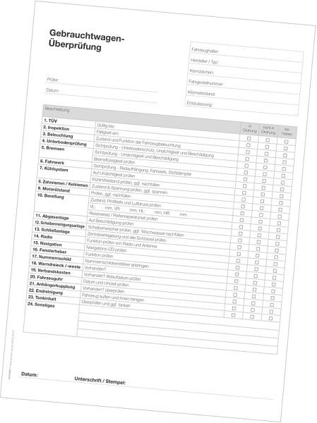 Formulaires d'atelier Eichner "Listes de contrôle", impression : contrôle des voitures d'occasion, UE : 50 pièces, 9036-00177
