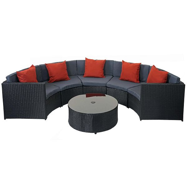 Ensemble rond en polyrotin Mendler HWC-E17, ensemble de jardin, noir, revêtement gris foncé, coussins en terre cuite, 65118+65119+65120