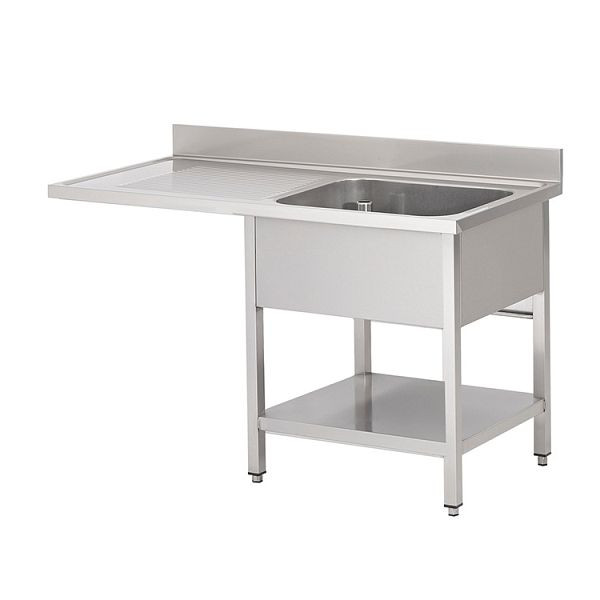 Évier Gastro-Inox avec 1 vasque à droite, base et emplacement pour lave-vaisselle, 1200 mm, complet avec trop-plein et vanne de vidange, 305.513