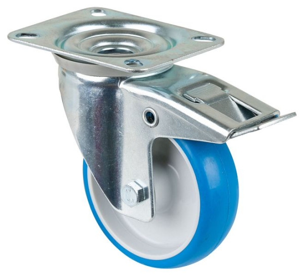 Rouleau de transport BS rollers avec frein, largeur 30 mm, Ø100 mm, jusqu'à 125 kg, polyuréthane bleu, roulement à rouleaux, plaque, lot de 2, L420.B36.100