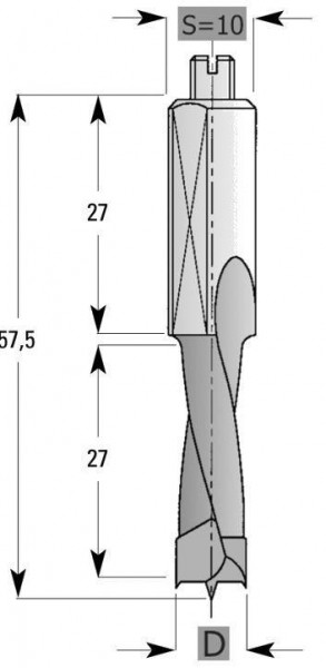 Foret à goujons Edessö HW S10, fraisé en arrière, A : 14, B : 27, GL : 57,5 - RH, 143414001