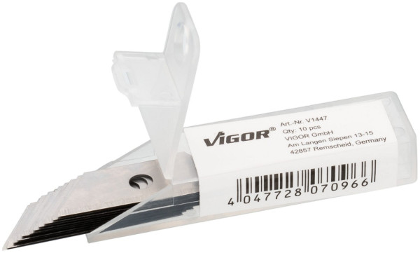 Lames de rechange trapézoïdales VIGOR, nombre d'outils : 10, utilisables deux fois grâce à la forme trapézoïdale. Pour couteau universel V7099-S, contenu : 10 pièces, V1447