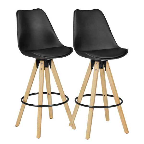 Wohnling Lot de 2 Tabourets de Bar Lima Noir Design Rétro Simili Cuir Bois avec Dossier, WL5.046