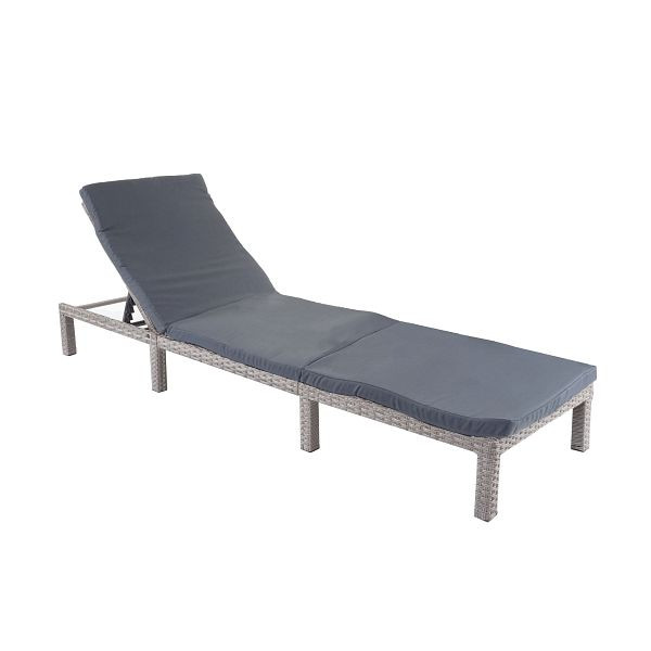 Chaise longue en poly-rotin Mendler HWC-A51, chaise longue de relaxation, chaise longue de jardin, gris basique, coussins gris foncé, 65276