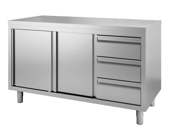 Armoire de travail Gastro-Inox en acier inoxydable avec portes tournantes et 3 tiroirs, 1000(L)x700(P)x880(H) mm, 302.341
