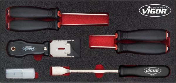 Jeu de grattoirs VIGOR, nombre d'outils : 16, insert en mousse souple 2K, taille d'insert / taille de tiroir : S (188 x 393 x 35 mm), V5017