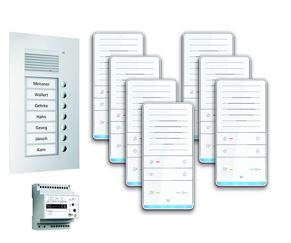 Système de commande de porte audio TCS : pack UP pour 7 unités résidentielles, avec poste extérieur PUK 7 boutons de sonnerie, 7x haut-parleur mains libres ISW5031, unité de commande BVS20, PAUF071 / 001
