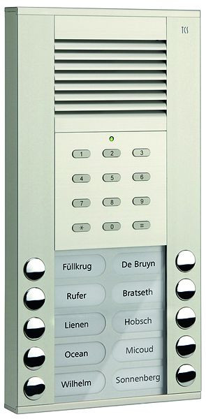 Platine de rue audio TCS série ASE 10 boutons de sonnette (alignés à droite/gauche) avec serrure à code intégrée, AP argent, ASE51100-0010