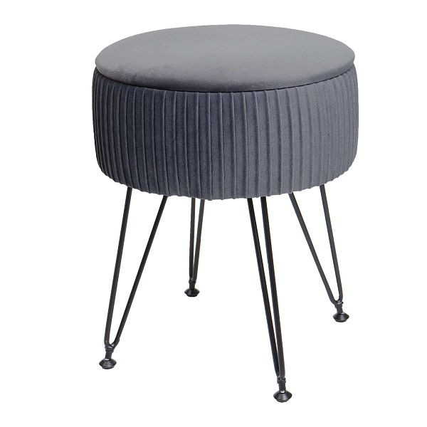 Tabouret Mendler HWC-K47, tabouret avec compartiment de rangement, Ø 33cm, aspect velours, gris clair, cadre noir, 94407