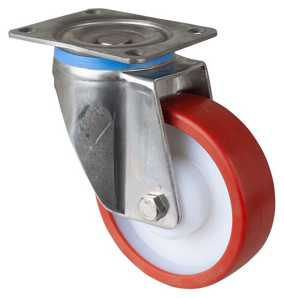 Roulette pivotante pour charges lourdes en acier inoxydable, roue en polyuréthane rouge, roulement lisse, plaque à visser, diamètre 150 mm, HS100.B27.151