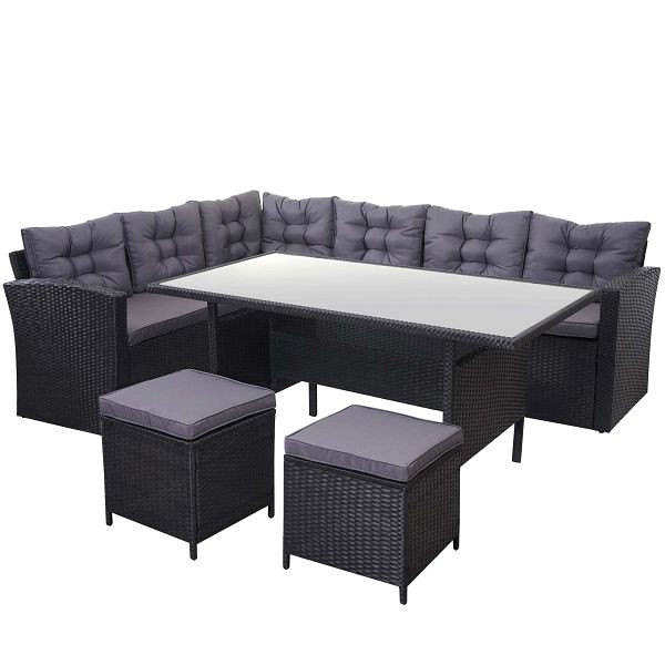 Ensemble de polyrotin Mendler HWC-A29, ensemble de jardin, ensemble de table à manger de salon, noir, coussins gris foncé, avec 2x tabourets, 64392+64393