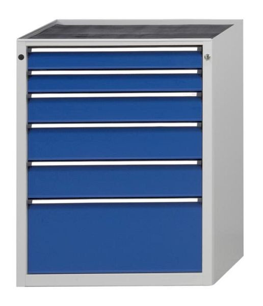 Armoire à tiroirs ANKE; 765 x 700 x 1020 mm; RAL 7035/5010; Plateau en hêtre massif 40 mm; 6 tiroirs 90, 90, 120, 150, 150, 300 mm, 610.007