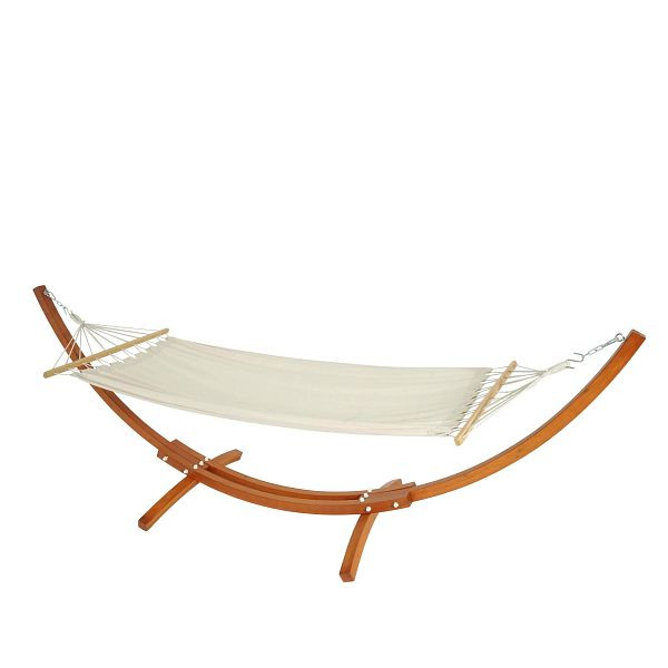 Hamac Mendler avec cadre HWC-J46, balançoire suspendue, jusqu'à 200kg cadre en bois 320cm, marron, blanc crème mat, 80662