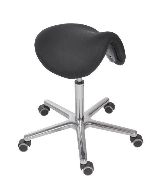 Tabouret Lotz ESD selon DIN EN 61340-5-1, assise en forme de selle, assise en similicuir, noir, hauteur d'assise 530 - 690 mm, piètement en aluminium, roulettes, 3380.11-00a