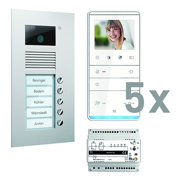 Vidéo du système de commande de porte TCS : pack UP pour 5 unités d'habitation, avec platine de rue AVU 5 boutons de sonnerie, 5x haut-parleur mains libres vidéo IVW5111, commande, PVU17050-0010