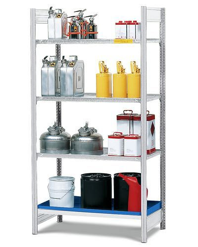 Rayonnage pour matières dangereuses DENIOS GRG 1040 pour matières inflammables, 1 plateau galvanisé et 3 grilles galvanisées, travée de base, 199-562