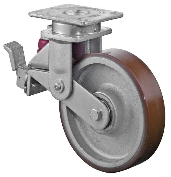 Roulettes BS Roulettes fortes charges à ressorts avec freins, largeur 50 mm, Ø200 mm, jusqu'à 600 kg, polyuréthane coulé 95 Shore A, corps moulé, roulements à billes, T120.C10.200
