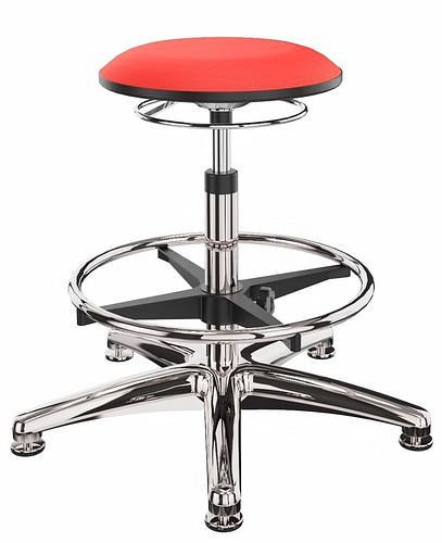 Tabouret de travail Dauphin tapissé de rouge, piètement en aluminium, patins, anneau de pied, 266968