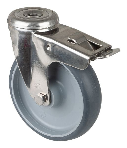 Rouleau de transport en inox avec frein, W35 mm, Ø125 mm, jusqu'à 100 kg, pneus thermoplastiques gris, paliers lisses, H121.B43.125