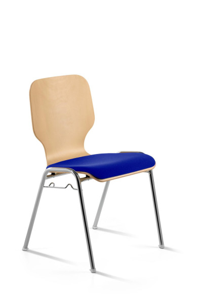 Chaise empilable Mayer Sitzmöbel , structure chromée, aspect hêtre, assise rembourrée, hauteur d'assise 46 cm, bleu moyen, dossier rembourré, 211604_01_26396