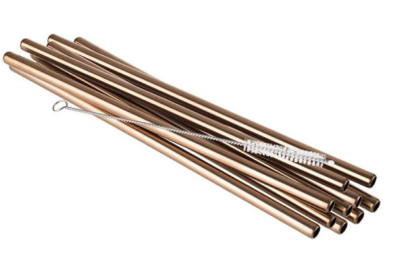 Pailles APS, lot de 11, Ø 8 mm, longueur : 21,5 cm, acier inoxydable 18/8, aspect cuivre, contenu : 10 pailles, 1 brosse de nettoyage, 93383