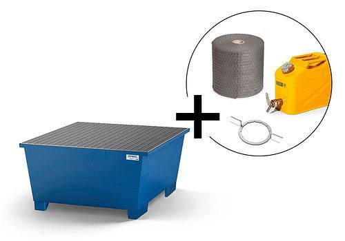 Kit DENIOS classic-line composé d'un bac collecteur IBC en acier peint, d'un rouleau de non-tissé, d'un ouvre-couvercle IBC DN150 et d'un bidon, 276661