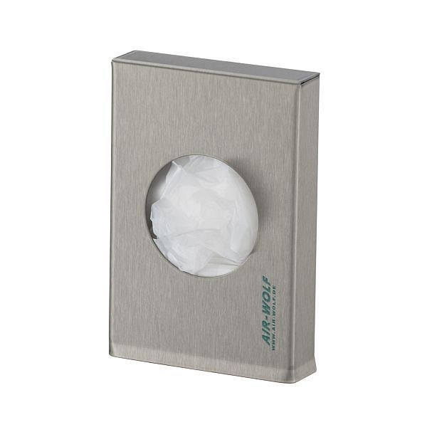 Distributeur de sacs hygiéniques Air Wolf, série Omega, H x L x P : 145 x 93 x 24 mm, acier inoxydable revêtu, 29-055