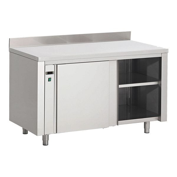 Armoire chauffante Gastro-Inox en acier inoxydable AISI 430 avec dosseret 1500x700x850mm, thermostat numérique & affichage de la température, étagère perforée, 304.043