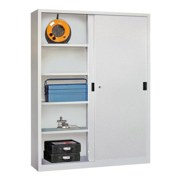 Armoire lourde portes coulissantes Pavoy 1950/1500/400, cloison centrale, 8 étagères galvanisées ; Serrure à cylindre à poussée rotative, 30332-150-400-910512