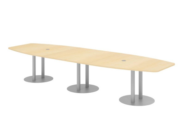 Table de conférence Hammerbacher KT40S, 400 x 130 cm, plateau : érable, épaisseur 25 mm, avec trois pieds colonnes argentés, 7,6/70 cm, hauteur de travail 74 cm, VKT40S/3/S