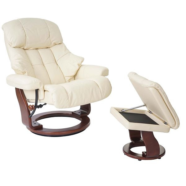 Chaise de relaxation Mendler MCA Calgary XXL, tabouret de chaise TV, cuir véritable, capacité de charge de 180 kg, crème, aspect noyer, 56053