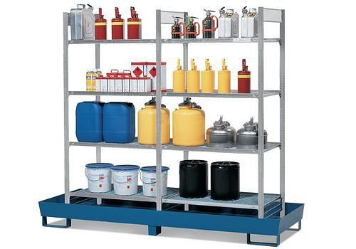 Palette rayonnage DENIOS RPG 2060 pour substances inflammables, bac collecteur peint, 8 grilles galvanisées, 199-662