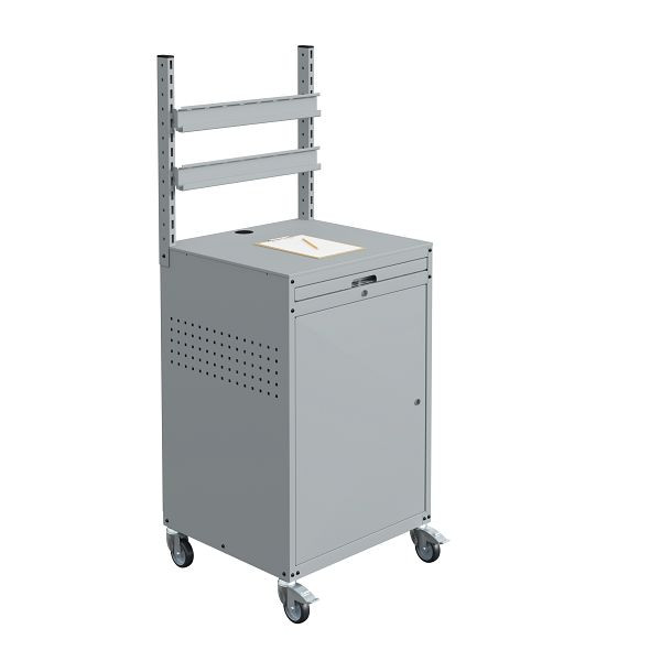 Meuble SOFAME MODULINFO L695 x P 660 x H 1005 mm avec 2 barres d'accrochage pour caissons de rangement apparents sur roulettes, gris clair RAL 7035, W040010034GCGC