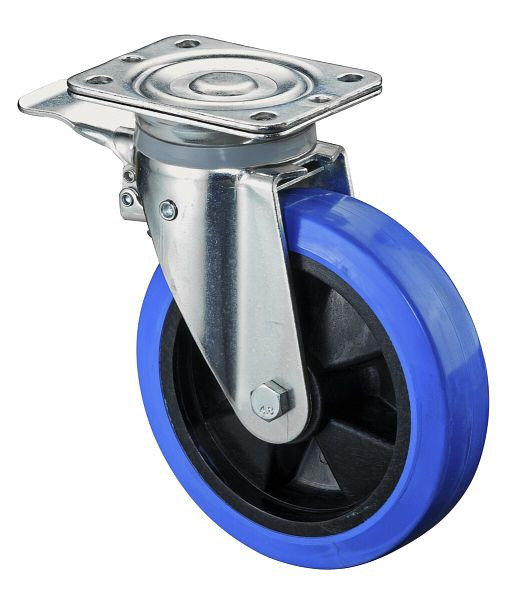 BS Rolls Roulette robuste avec frein, largeur 50 mm, Ø200 mm, jusqu'à 400 kg, bandages élastiques bleus, corps de roue en plastique, roulement à rouleaux, N120.B61.200
