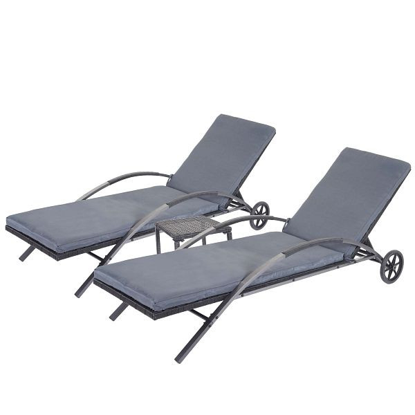 Ensemble de 2 chaises longues Mendler HWC-E27, chaise longue de relaxation, chaise longue de jardin, poly rotin, noir, coussins gris foncé, 65284