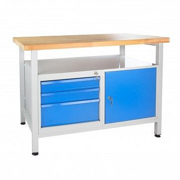 Etabli ADB 1 porte + 3 tiroirs, étagère, dimensions : 1200x600x840mm (LxPxH), couleur table de travail : gris, RAL 7035, couleur porte/tiroir : bleu clair (RAL 5012), 41928