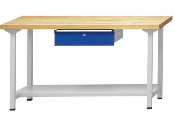 Table de travail ANKE; 1500x700 mm; RAL 7035/5010; 1xHängeschublade; 1x étagère de rangement en tôle d'acier de 500 mm de profondeur