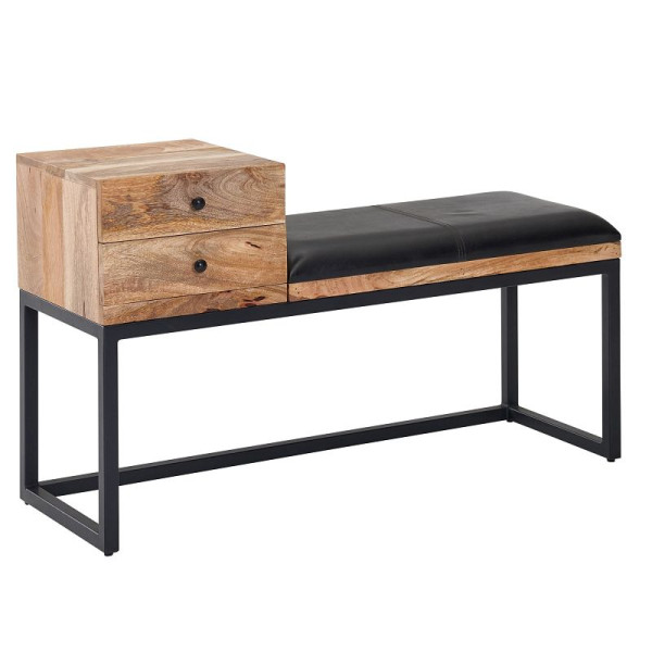 Banc Wohnling en cuir de chèvre / banc en bois massif 100x60x35 cm de style rétro, banc de couloir rembourré en métal avec espace de rangement, WL6.483
