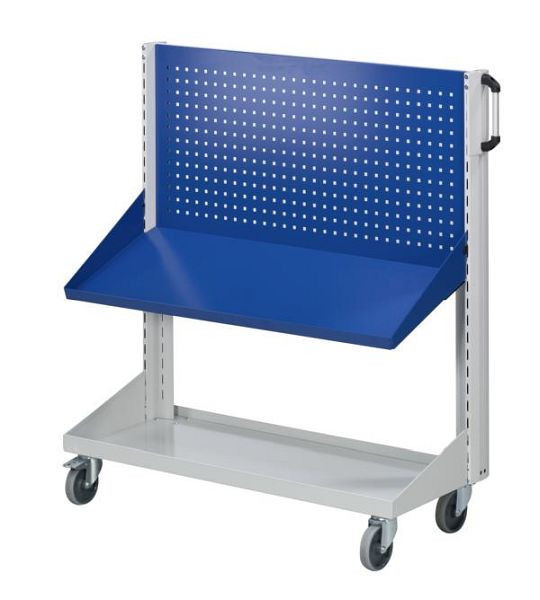 Chariot de base ANKE panneau métallique perforé et étagère inclinée; 1250x1350 mm; RAL 7035/5010; avec 1x panneau en tôle perforée; 1x plateau incliné 450 mm