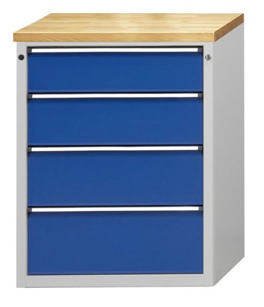 Armoire à tiroirs ANKE; 765 x 700 x 1020 mm; RAL 7035/5010; Plateau en hêtre massif 40 mm; 4 tiroirs 180, 210, 240, 270 mm, 610.005