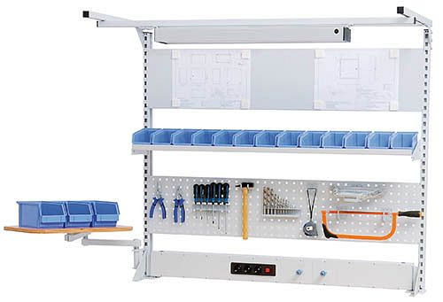 Ligne de travail à structure multi-parois Bedrunka+Hirth avec cadre supérieur, 1x canal d'énergie, 1x paroi perforée, 1x paroi magnétique, 1x étagère, 1500 x 750 x 1250 mm, 03.9001521WL