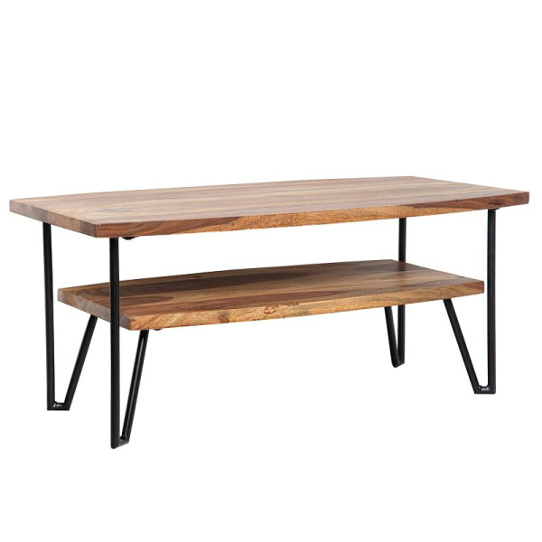 Table basse Wohnling 90x50x40 cm Table basse en bois massif / métal Sheesham rectangulaire, table basse avec espace de rangement, industrielle à quatre ronds, WL6.720